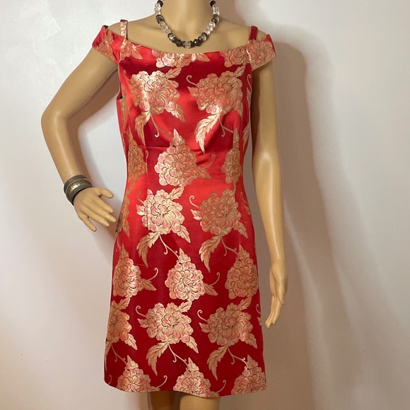 David Meister Dresses & Skirts - Vintage orange jacquard floral metallic gold dress